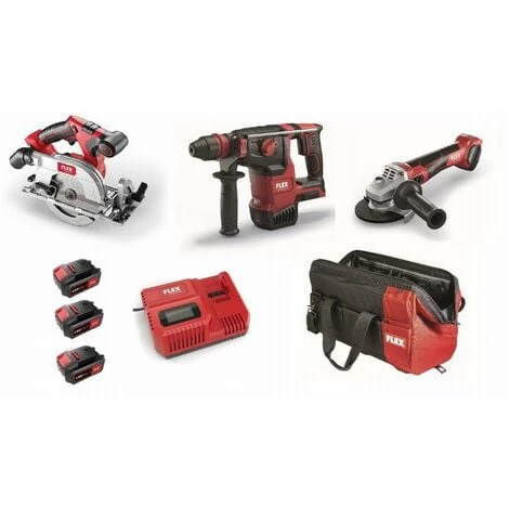 Lot 18V FLEX - Scie Circulaire + Perforateur + Meuleuse - 3 Batteries + Chargeur + Accessoires 3 Lot 18V FLEX - Scie Circulaire + Perforateur + Meuleuse - 3 Batteries + Chargeur + Accessoires