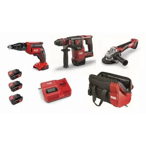 Lot 18V FLEX - Visseuse Plaquiste + Perforateur + Meuleuse - 3 Batteries + Chargeur + Accessoires 3 Lot 18V FLEX - Visseuse Plaquiste + Perforateur + Meuleuse - 3 Batteries + Chargeur + Accessoires